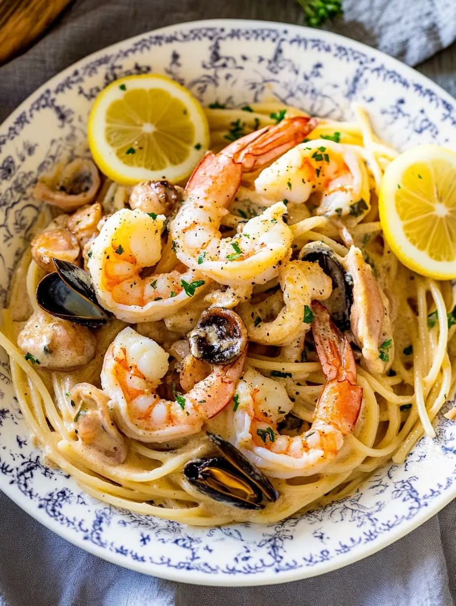A bowl of shrimp and pasta with lemon wedges on top.