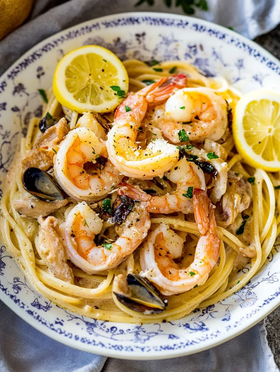 A bowl of pasta with shrimp and lemon slices on top.
