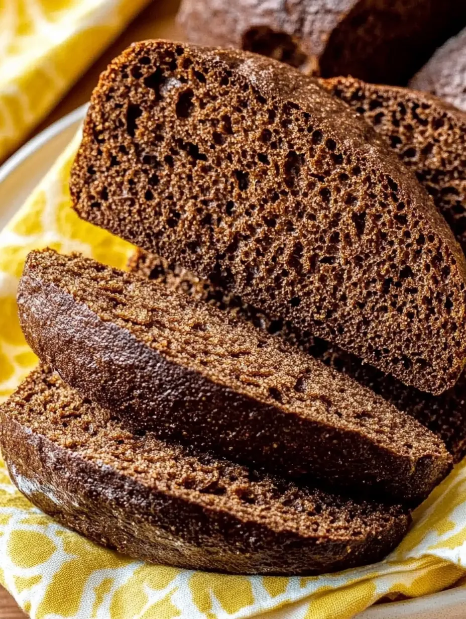 A brown loaf of bread is cut into slices and stacked on a plate.