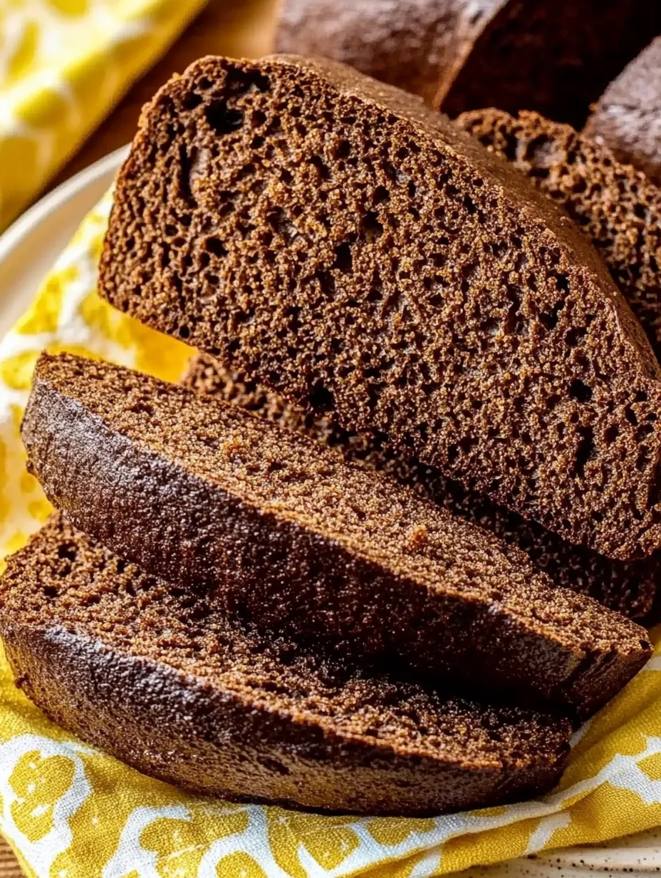 A plate of brown bread with a yellow and white cloth underneath.
