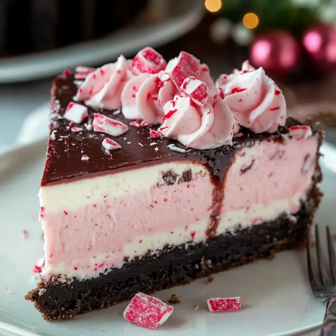 A slice of cake with red and white frosting.
