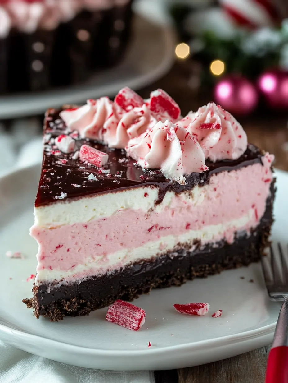 A slice of cake with red and white frosting.