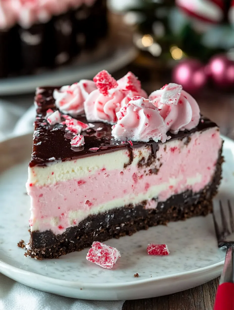 A slice of chocolate cake with red and white frosting.
