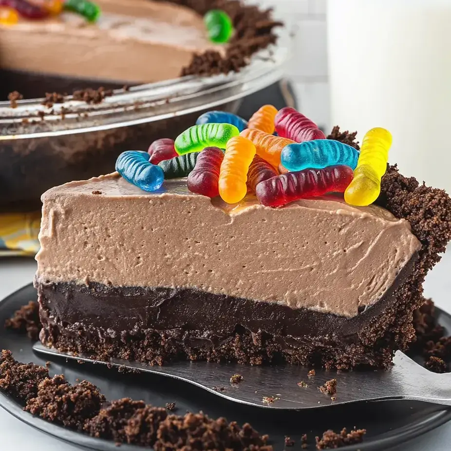 A slice of chocolate cake with gummy worms on top.