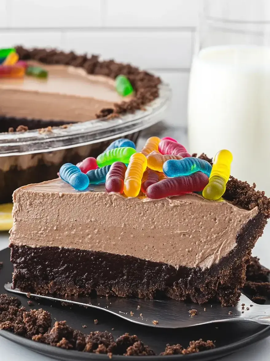 A slice of chocolate cake with gummy bears on top.