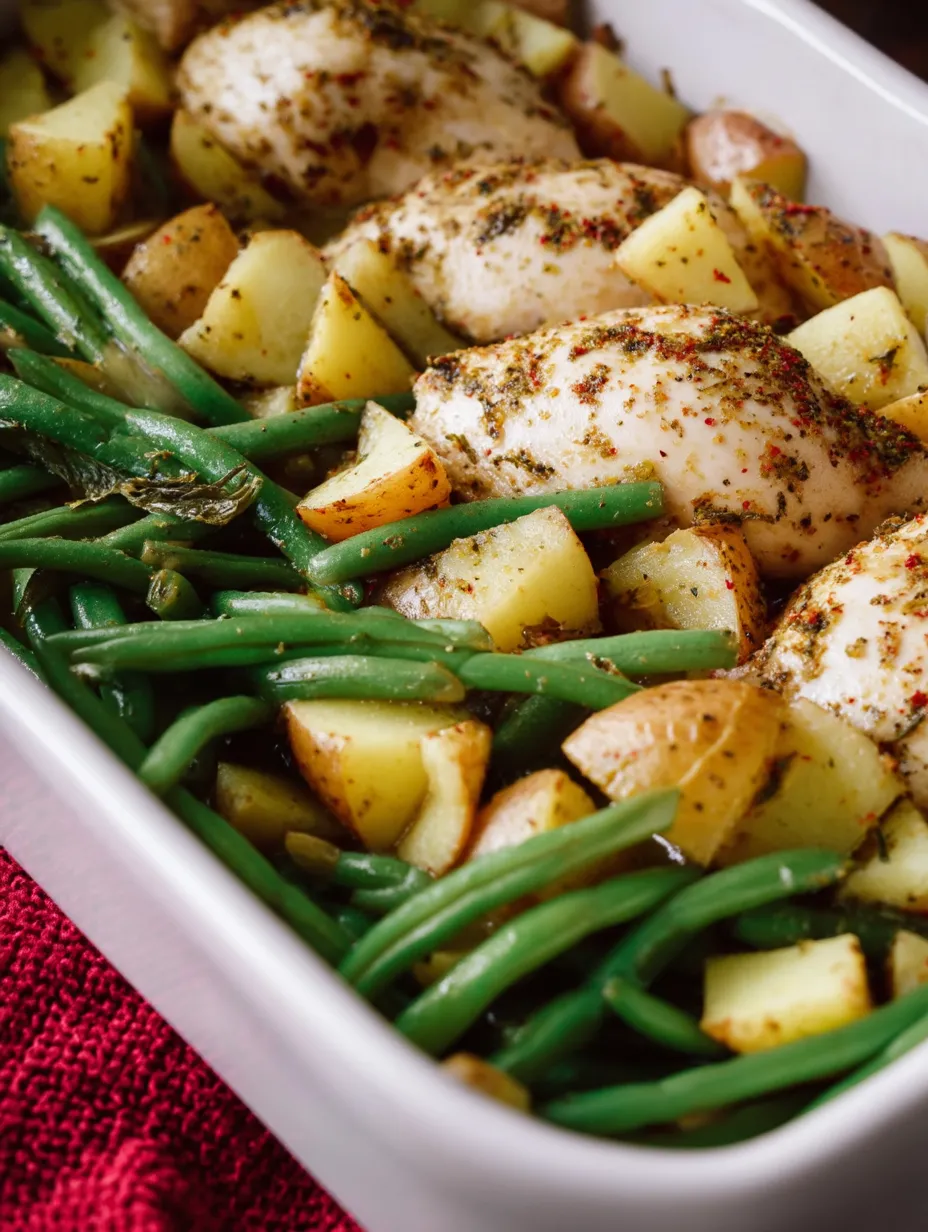 A plate of food with chicken, potatoes, and green beans.