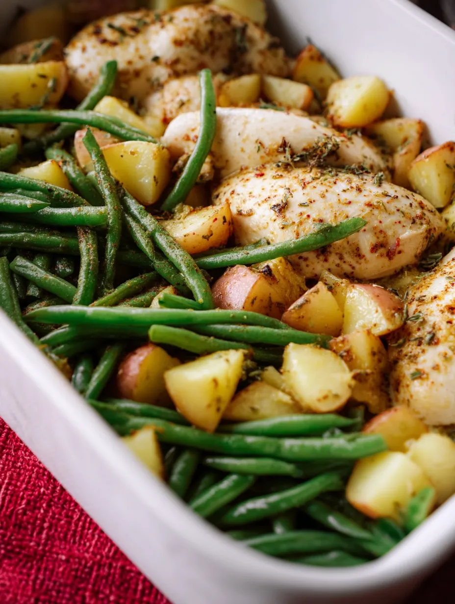 A plate of food with chicken, potatoes, and green beans.