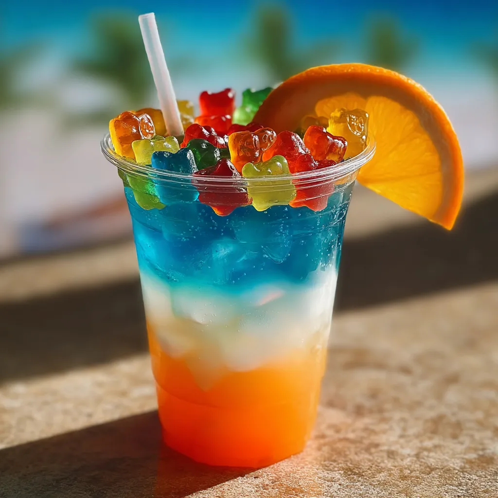 Orange slice floating in fruity drink cup.