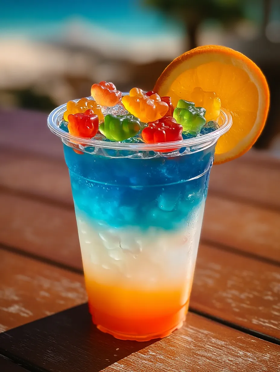 Glass of punch with an orange wedge sitting on top.