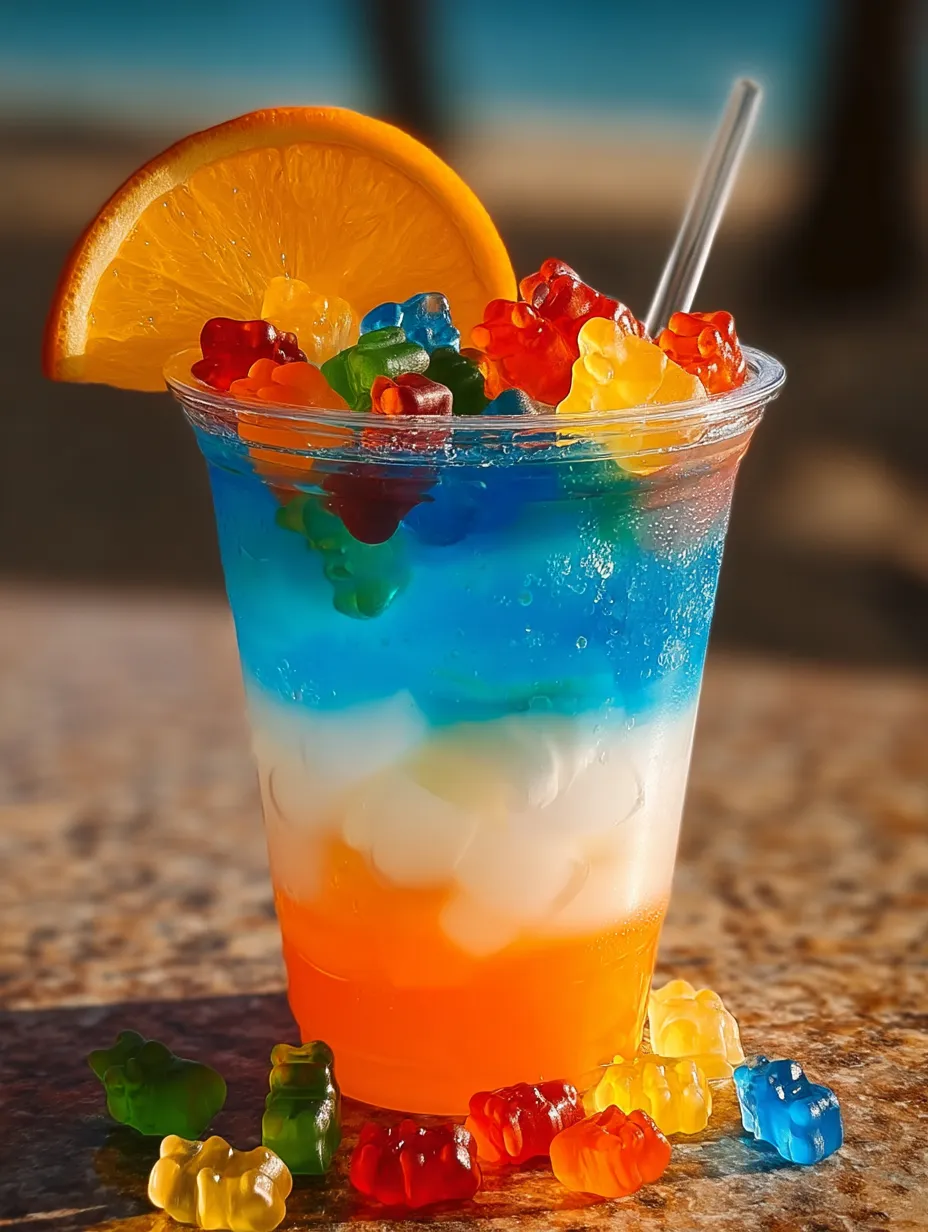 Fruit punch in a cup with gummy bears floating on top.
