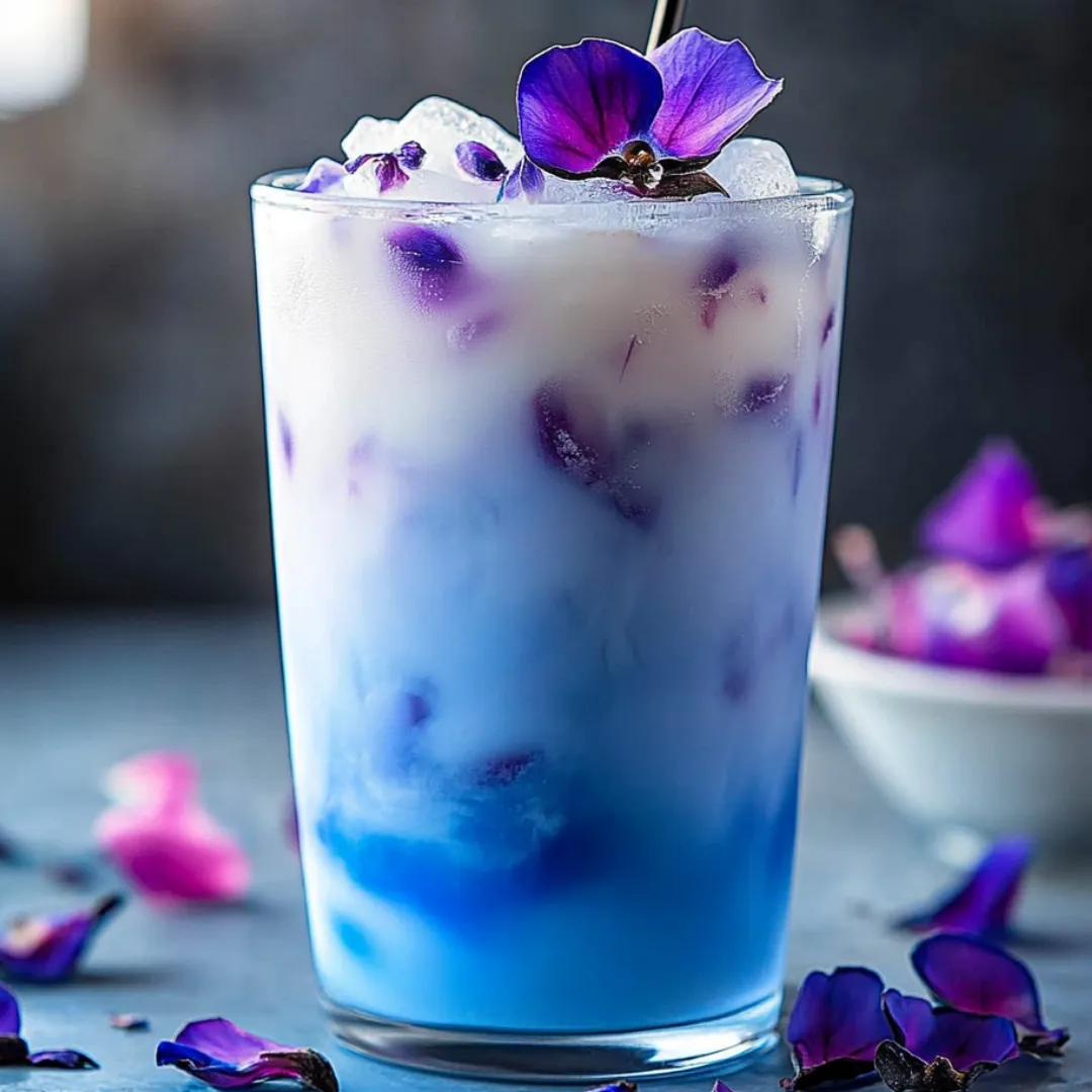 Glass filled with blue latte and purple blossoms.