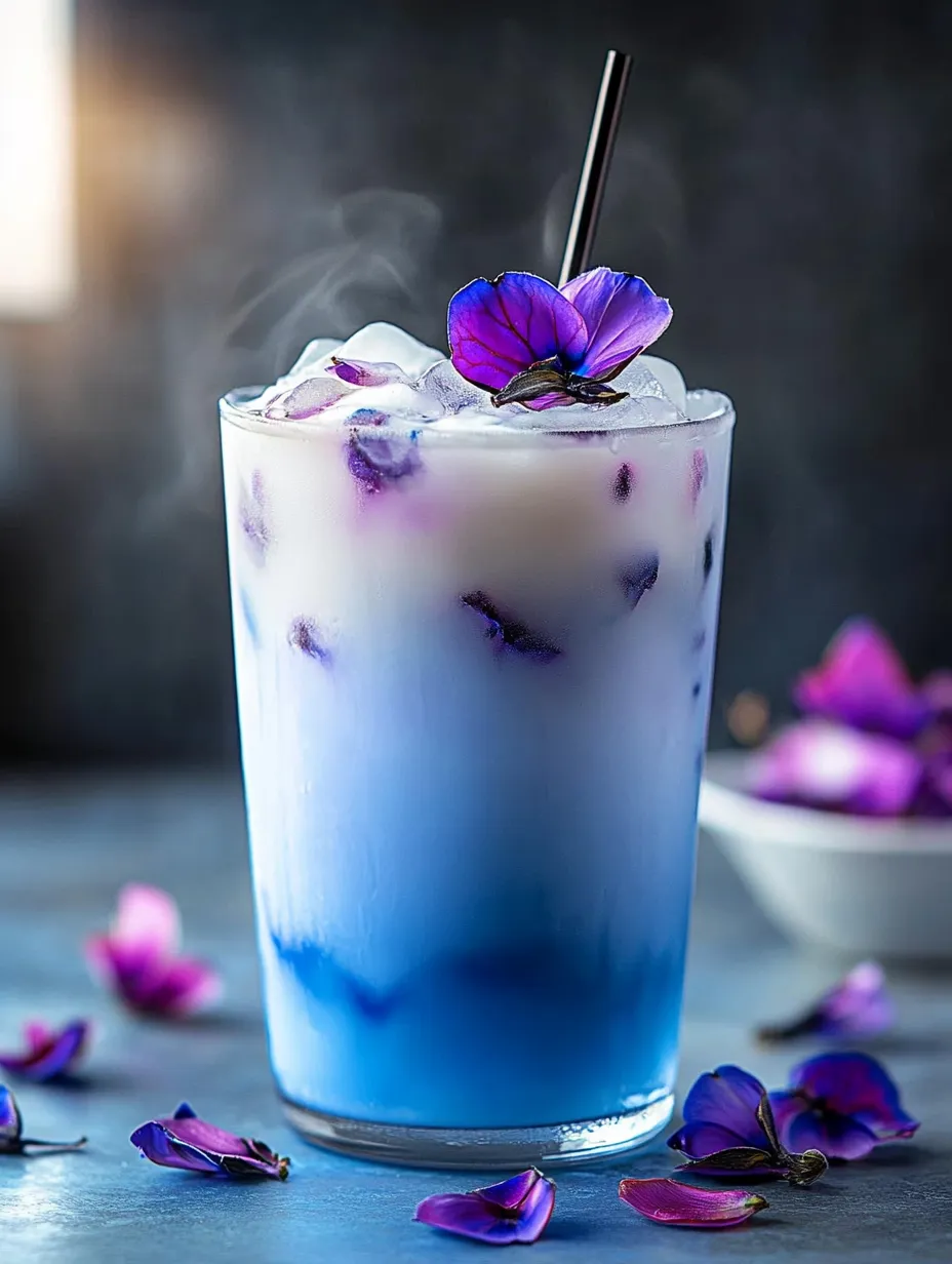 A glass of blue drink with purple flowers.