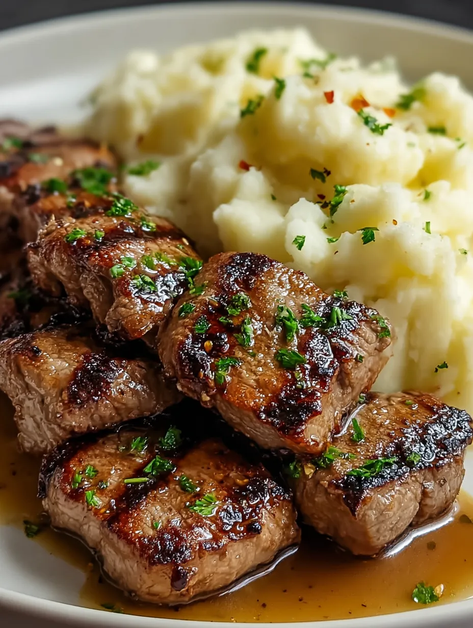 Steak and potatoes on a plate.