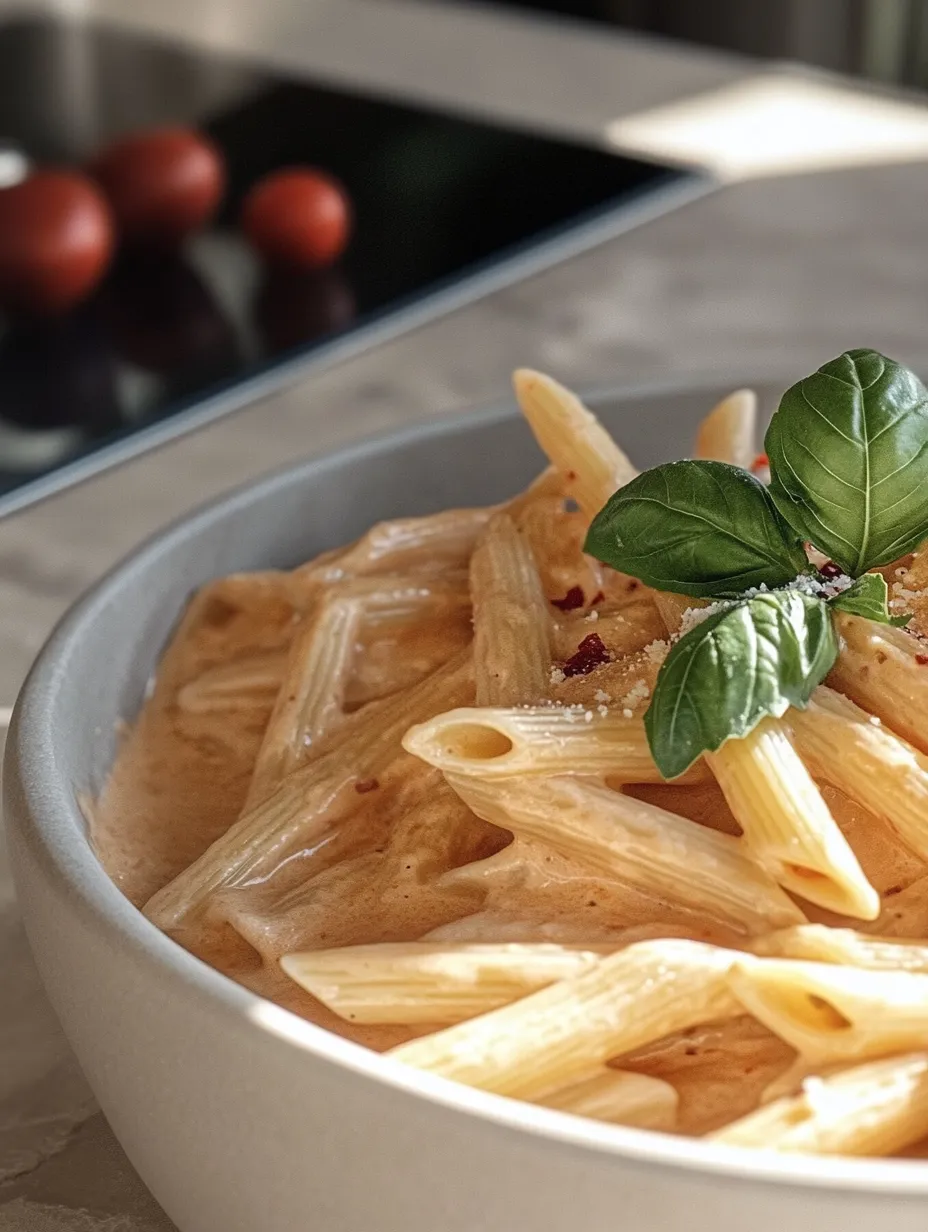 A bowl of pasta with a green leaf on top.