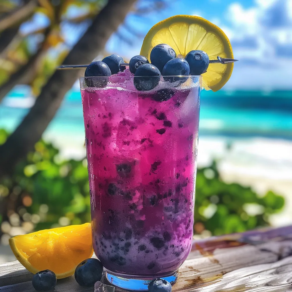 A glass of blueberry juice with a lemon wedge.