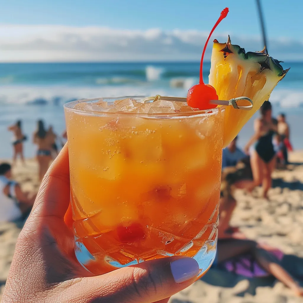 A person holding a glass with a pineapple wedge and cherry.
