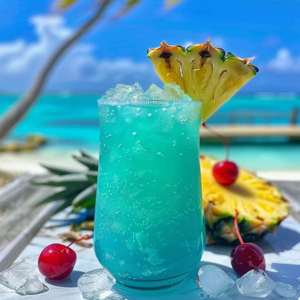 A blue drink with a pineapple on top.