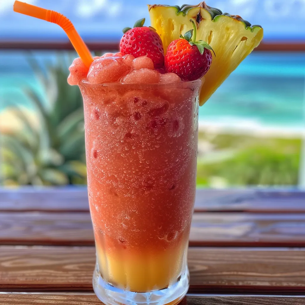 A glass of pink and orange drink with a straw.