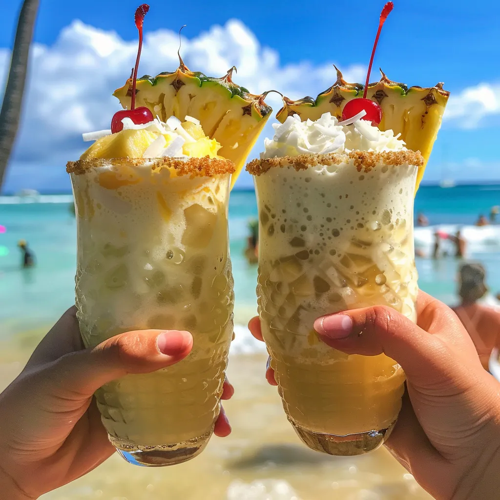Two pineapple drinks with straws.