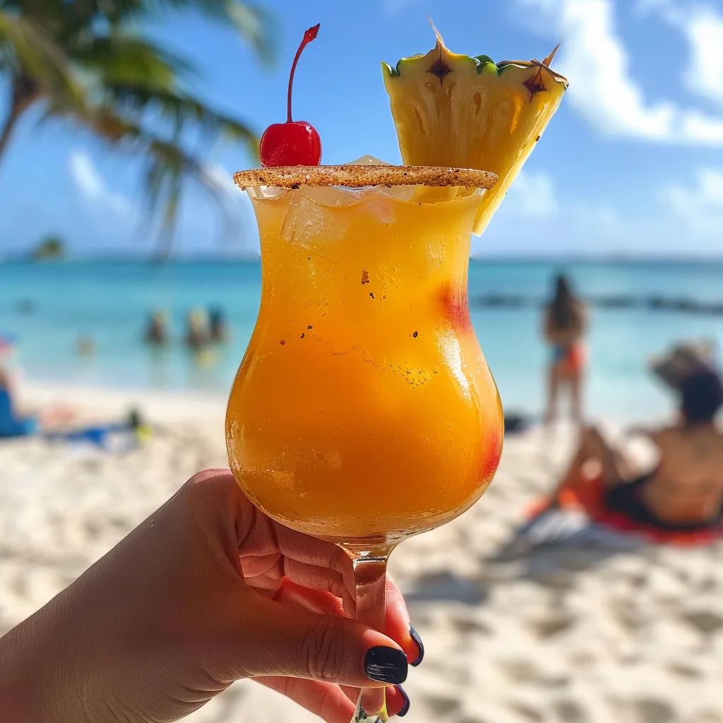 A hand holding a glass of pineapple juice.