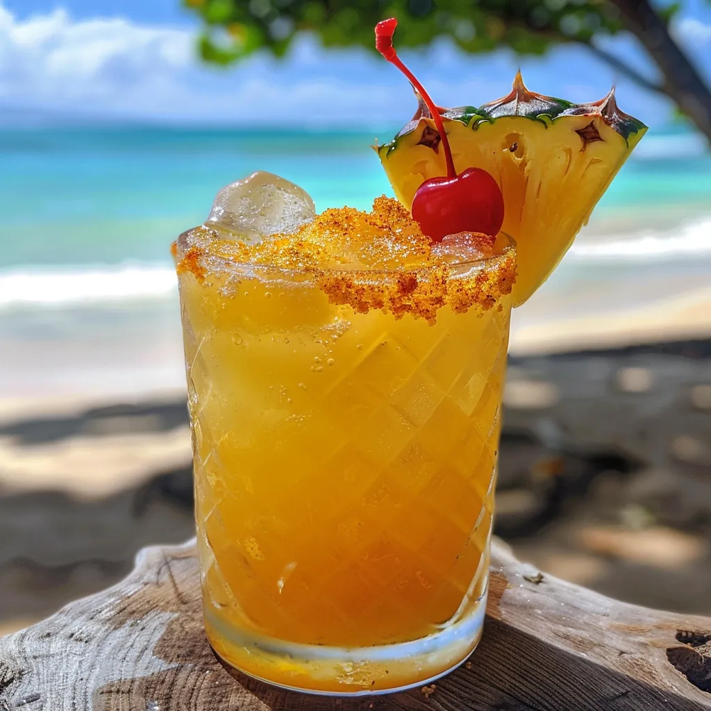 A glass of pineapple juice with a cherry on top.