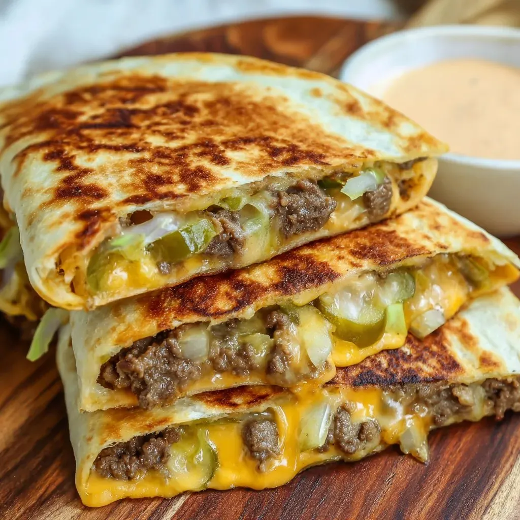 A stack of three quesadillas with cheese and onions.