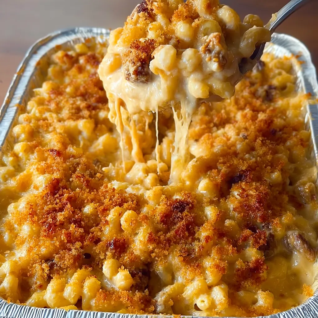 A fork is in a container of macaroni and cheese.