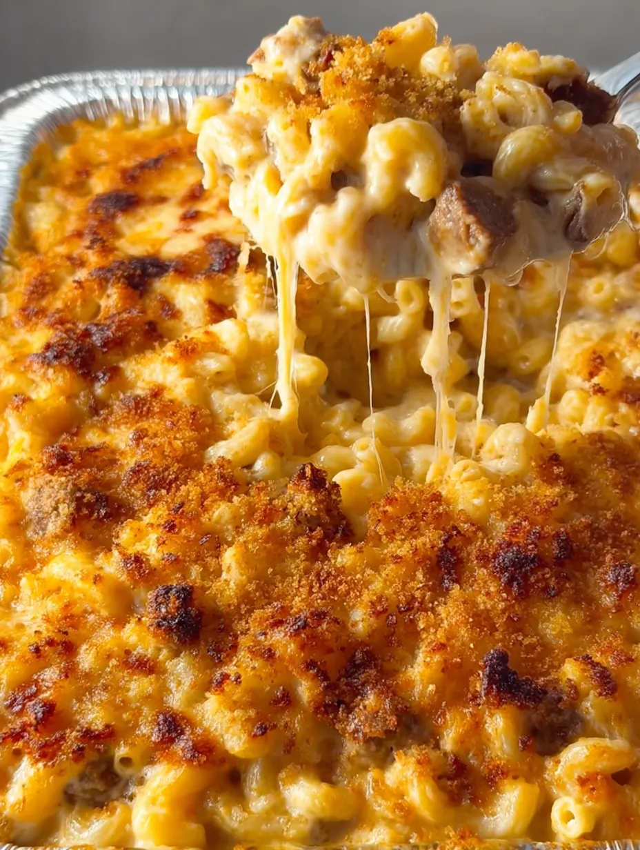 A close up of a baked macaroni and cheese dish.