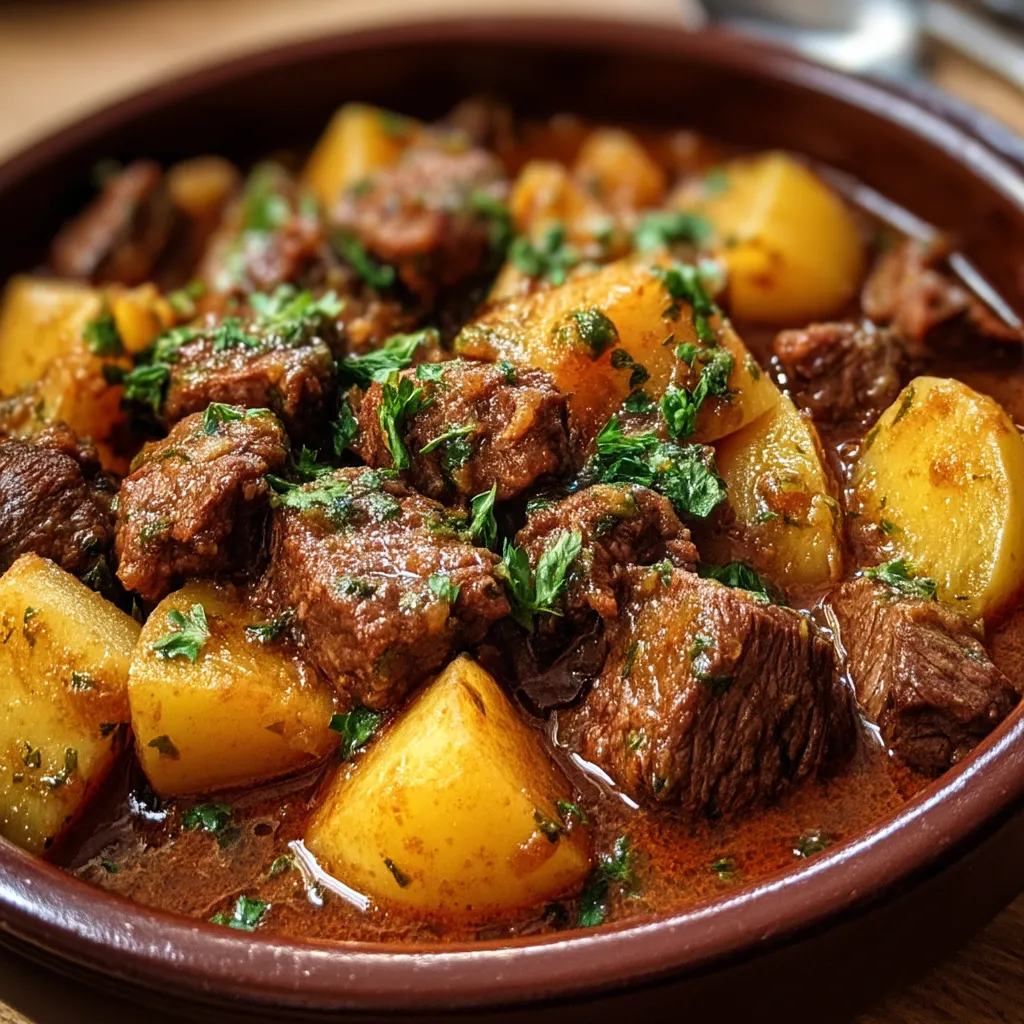 A bowl of meat and potatoes.