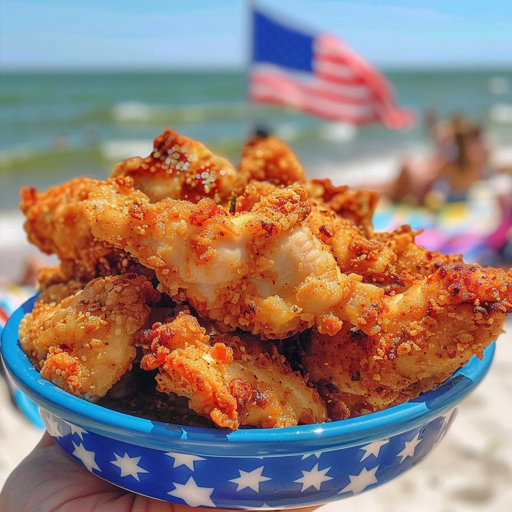 A blue bowl filled with fried chicken.