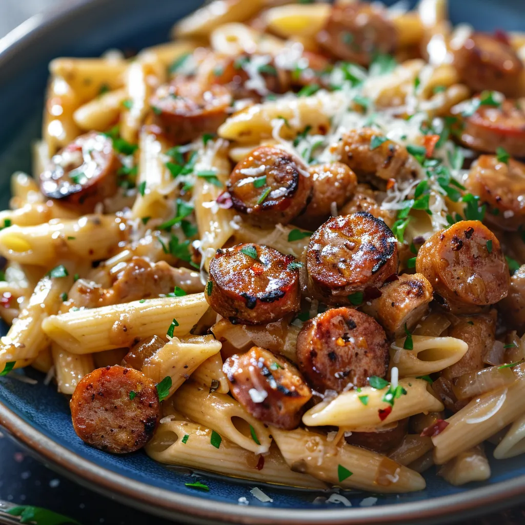 A plate of pasta with sausage and cheese.