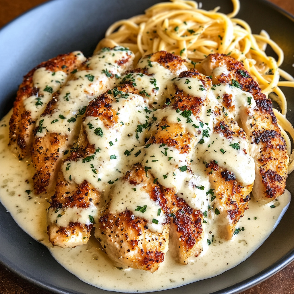 A plate of chicken with sauce and pasta.