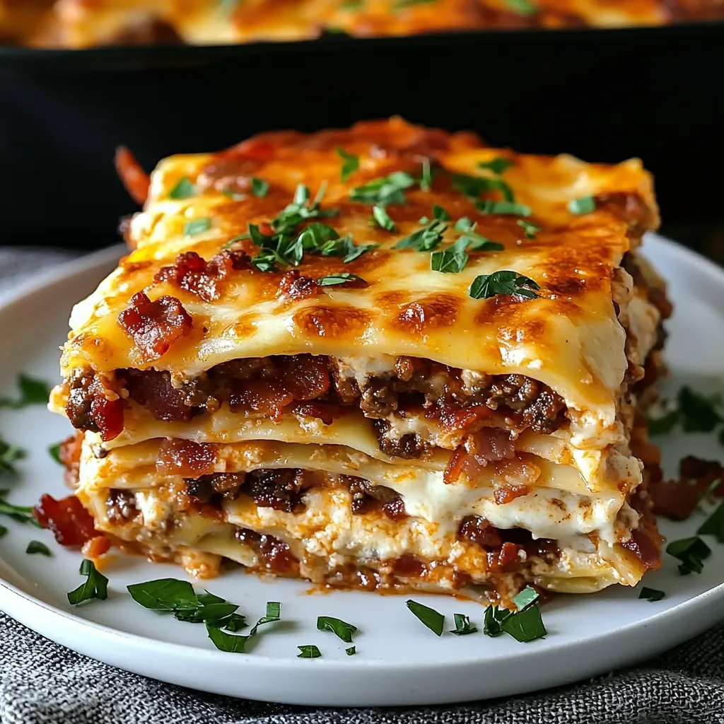 A white plate with a slice of lasagna on it.