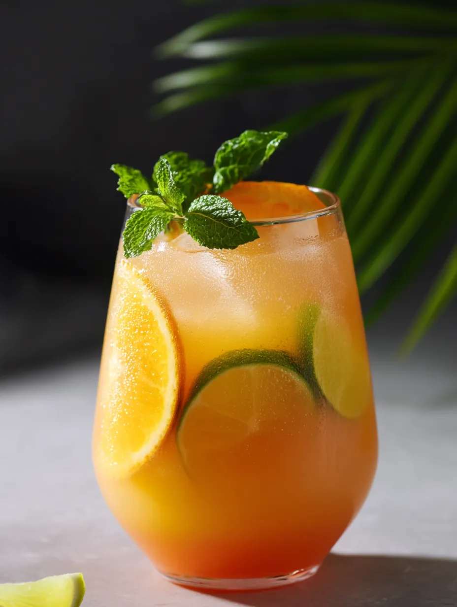 A glass of orange juice with mint leaves.
