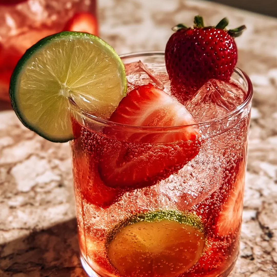 A glass of red drink with strawberries and limes.