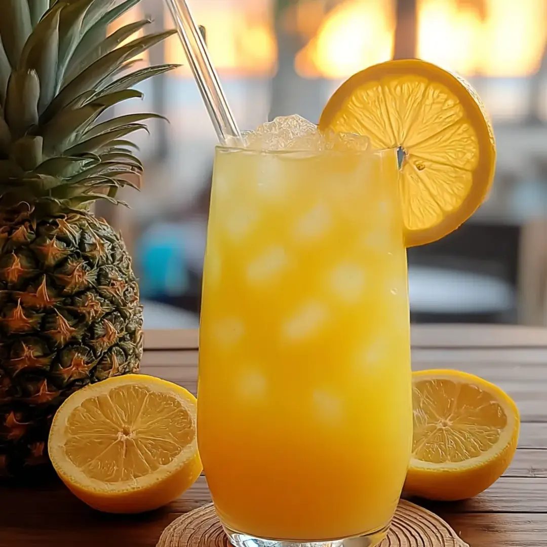 A glass of orange juice with lemon slices on a coaster.