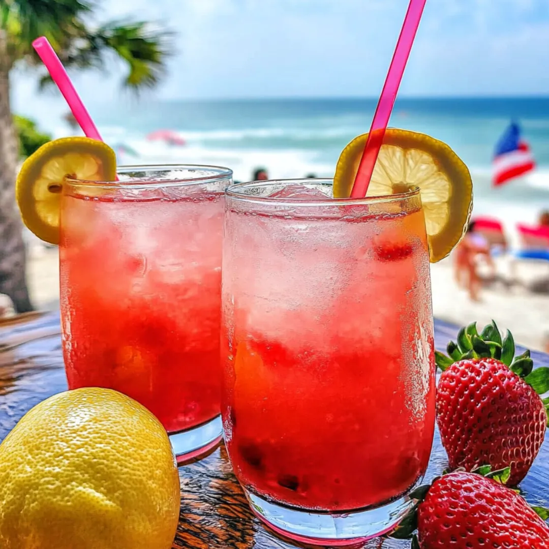 Two glasses filled with pink lemonade and slices of lemon set on a table.