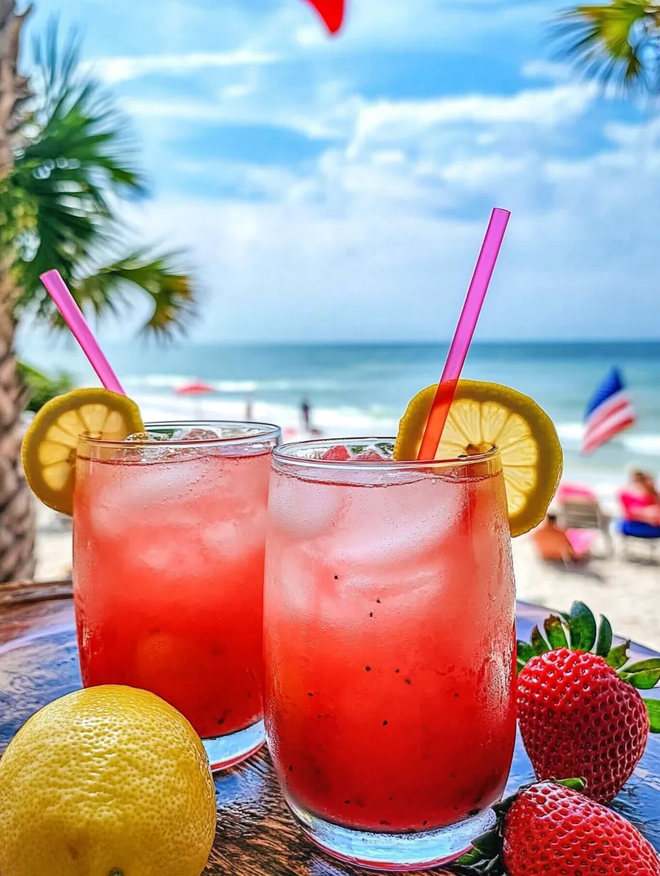 Pink lemonade in two glasses with fresh strawberries and lemon wedges.