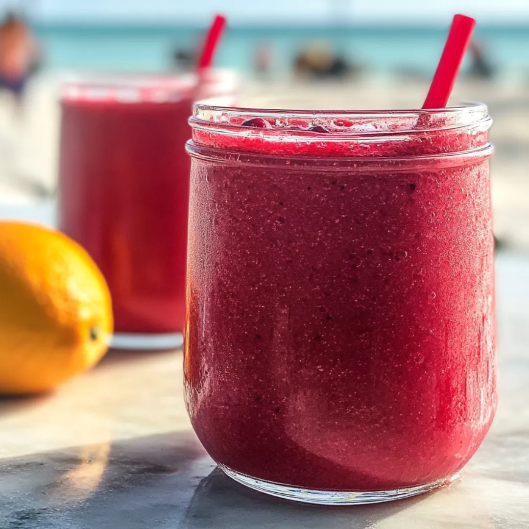 A glass brimming with red juice, lemon off to the side.