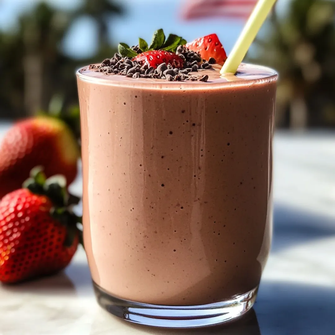 A glass filled with chocolate shake and fresh strawberries on top.