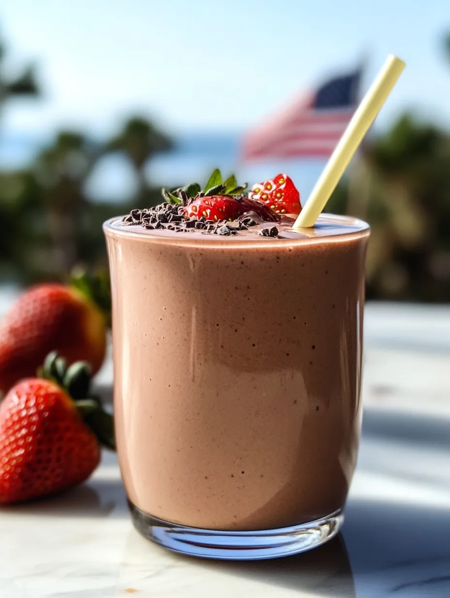 A tall glass filled with chocolatey milk and strawberries on top.
