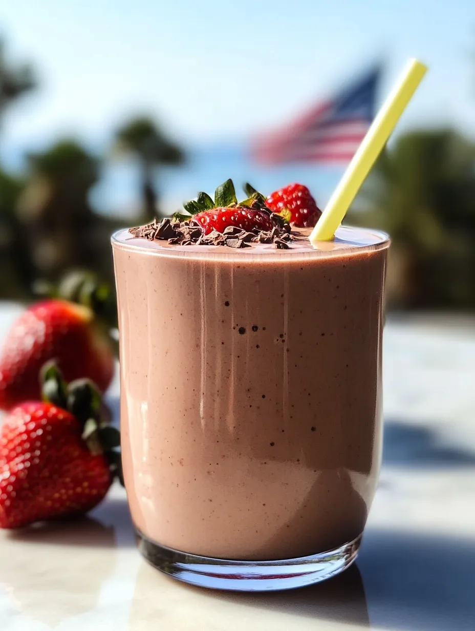 A tall glass filled with chocolatey milk and strawberries on top.