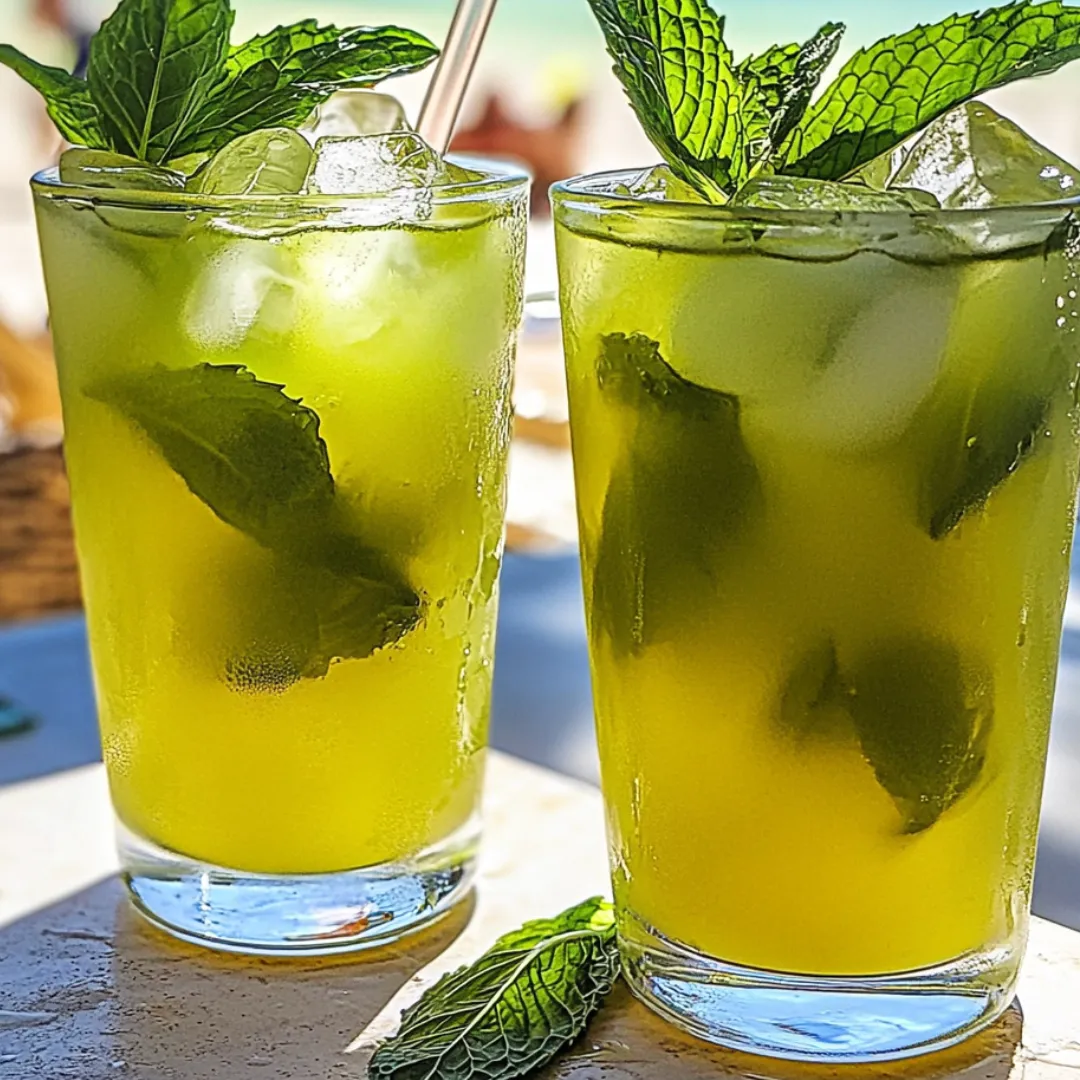 Two glasses of green tea with mint leaves.