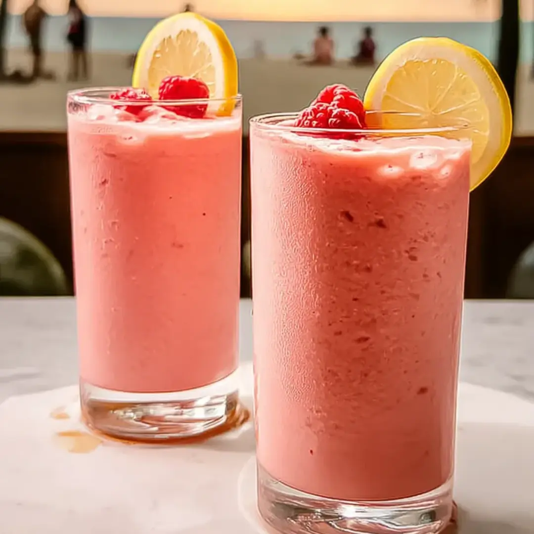 Two glasses of pink drink with lemon slices.