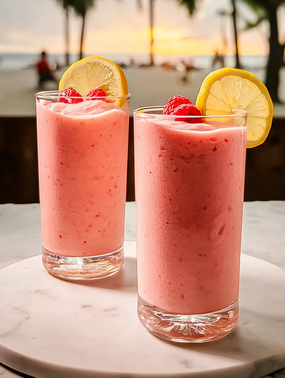 Two glasses of pink drink with lemon slices.
