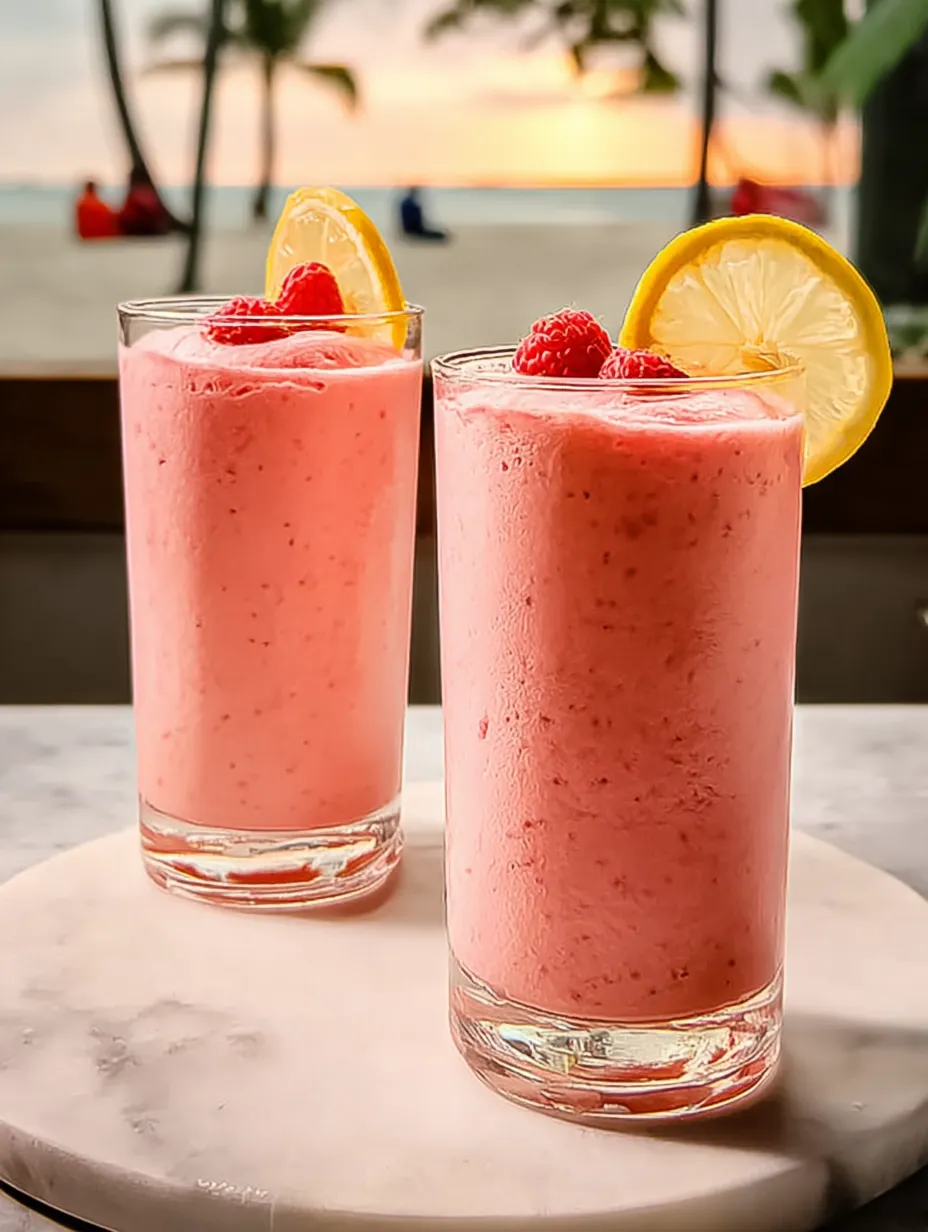 Two glasses of pink drink with lemon slices.