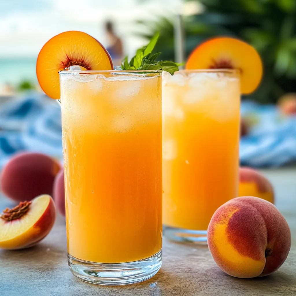 Two glasses of peach juice with peaches on the table.