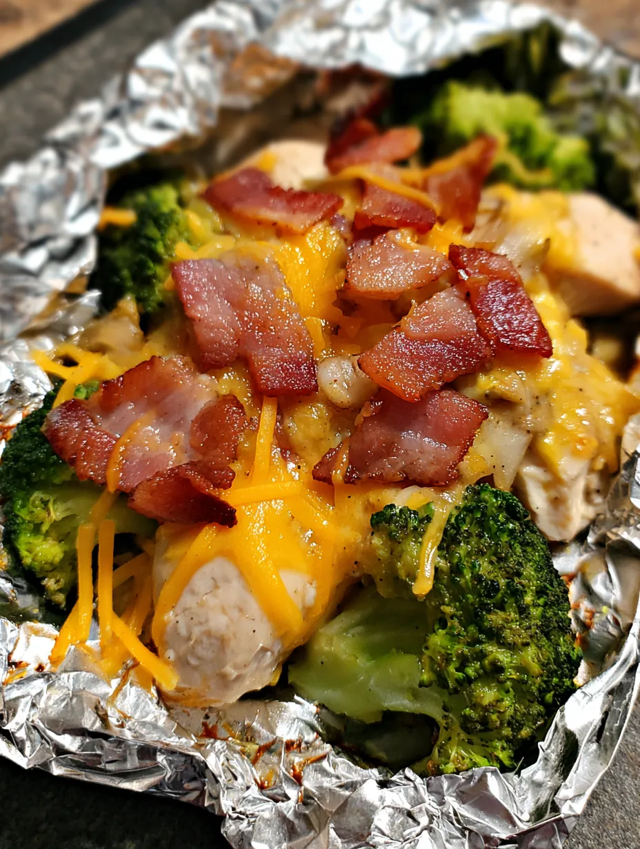 Bacon and broccoli on a foil plate.