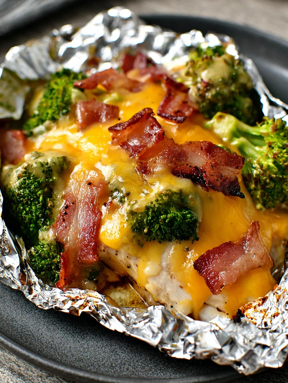 A foil wrapped dish with bacon and broccoli.