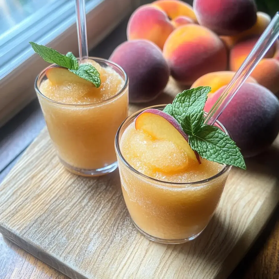 Two glasses of peach juice with mint garnish.